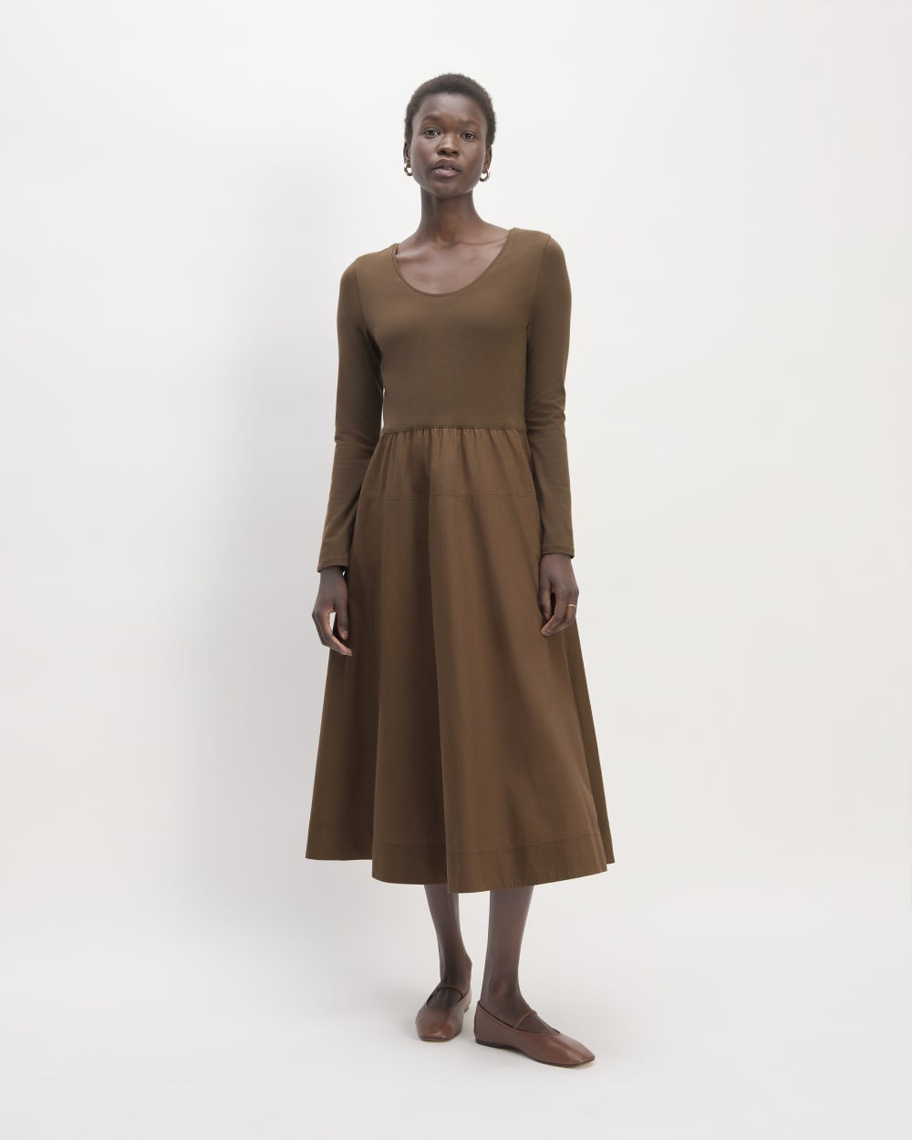 The Long-Sleeve Riviera Dress in Cocoa — front view