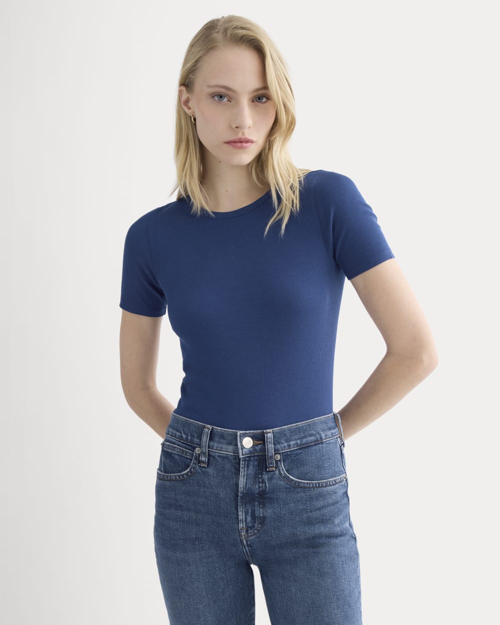 The Luxe Rib Crew in Estate Blue — front view