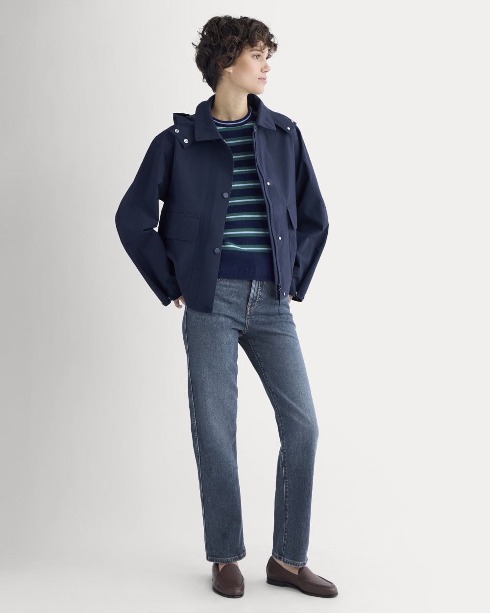 Re:Cycled Nylon Barrel Jacket in Deep Navy — detail view