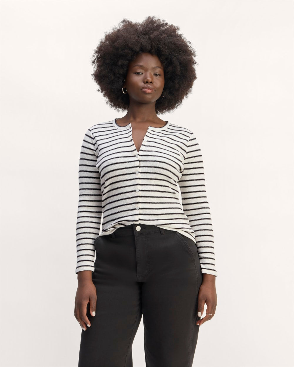 The Vintage Rib Cardigan in Bone / Black — detail view