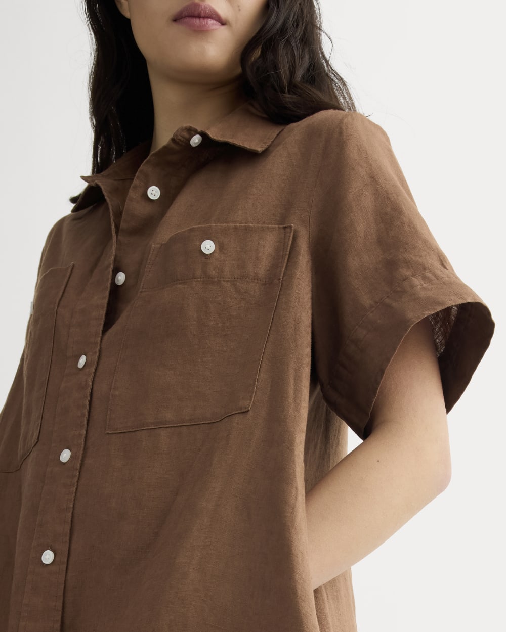 The Daytripper Dress in Linen in Cedarwood — detail view