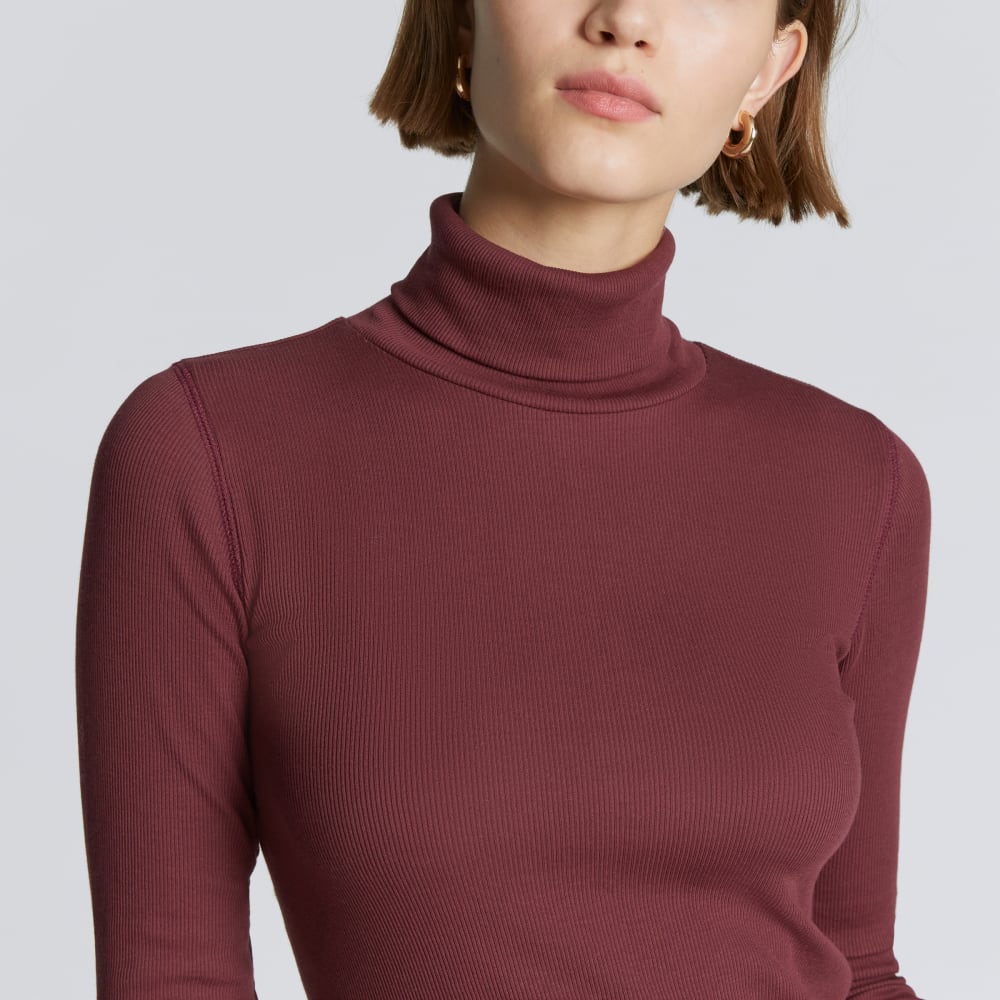 The Luxe Micro-Rib Turtleneck in Brandy — detail view