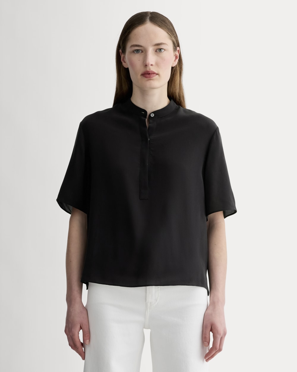 The Popover Top in Washable Silk in Black — front view