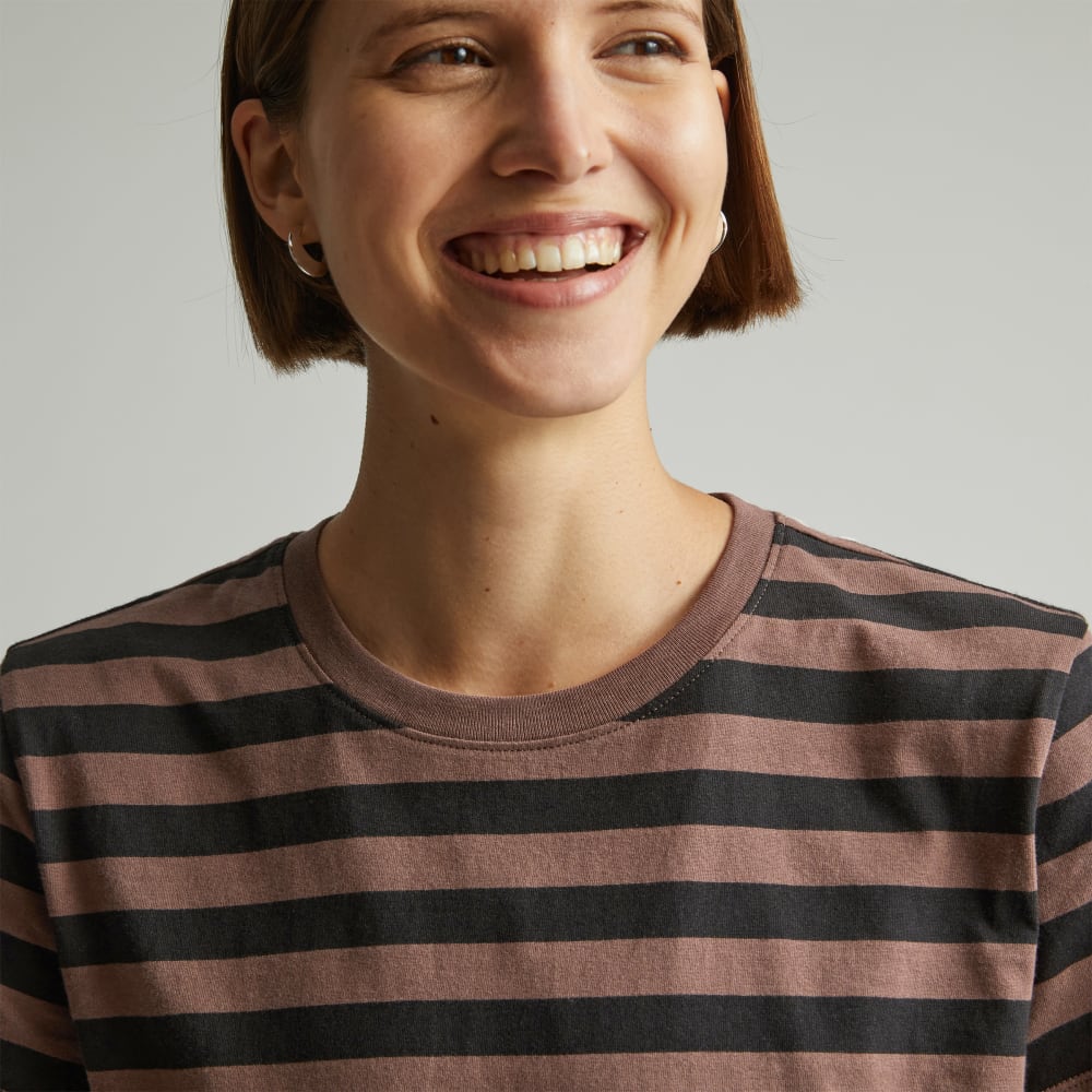 The Box-Cut Tee in Essential Cotton in Chocolate Brown / Black — detail view