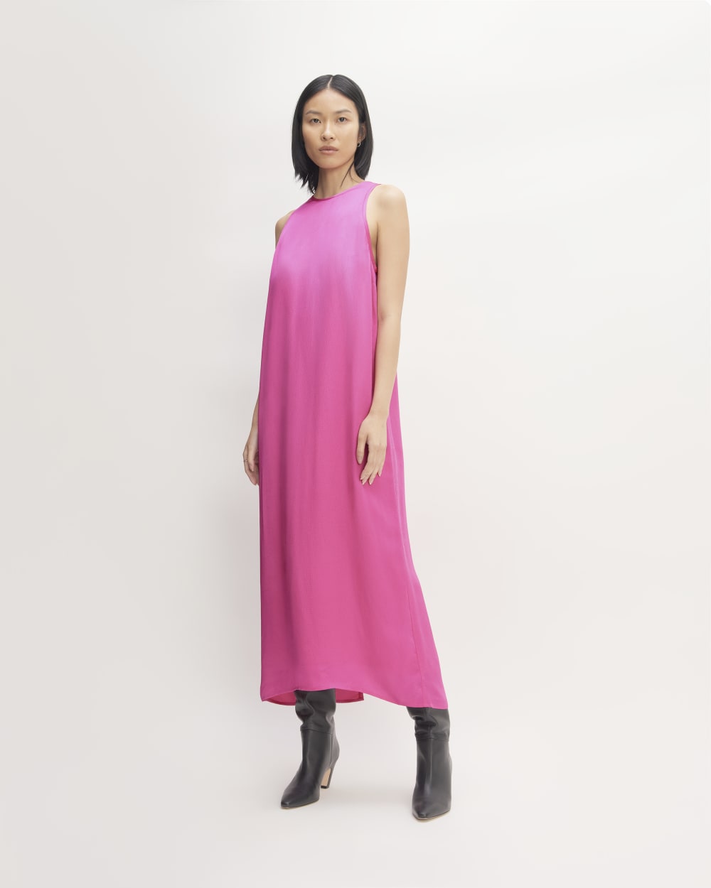 The Satin Racerback Slip Dress in Fuchsia Pink — front view