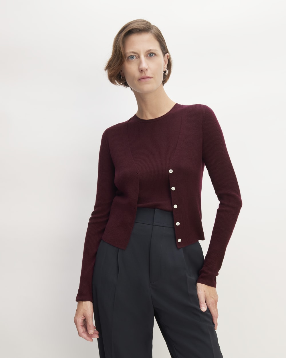The Cardigan in Ultrasoft Merino in Burgundy — front view
