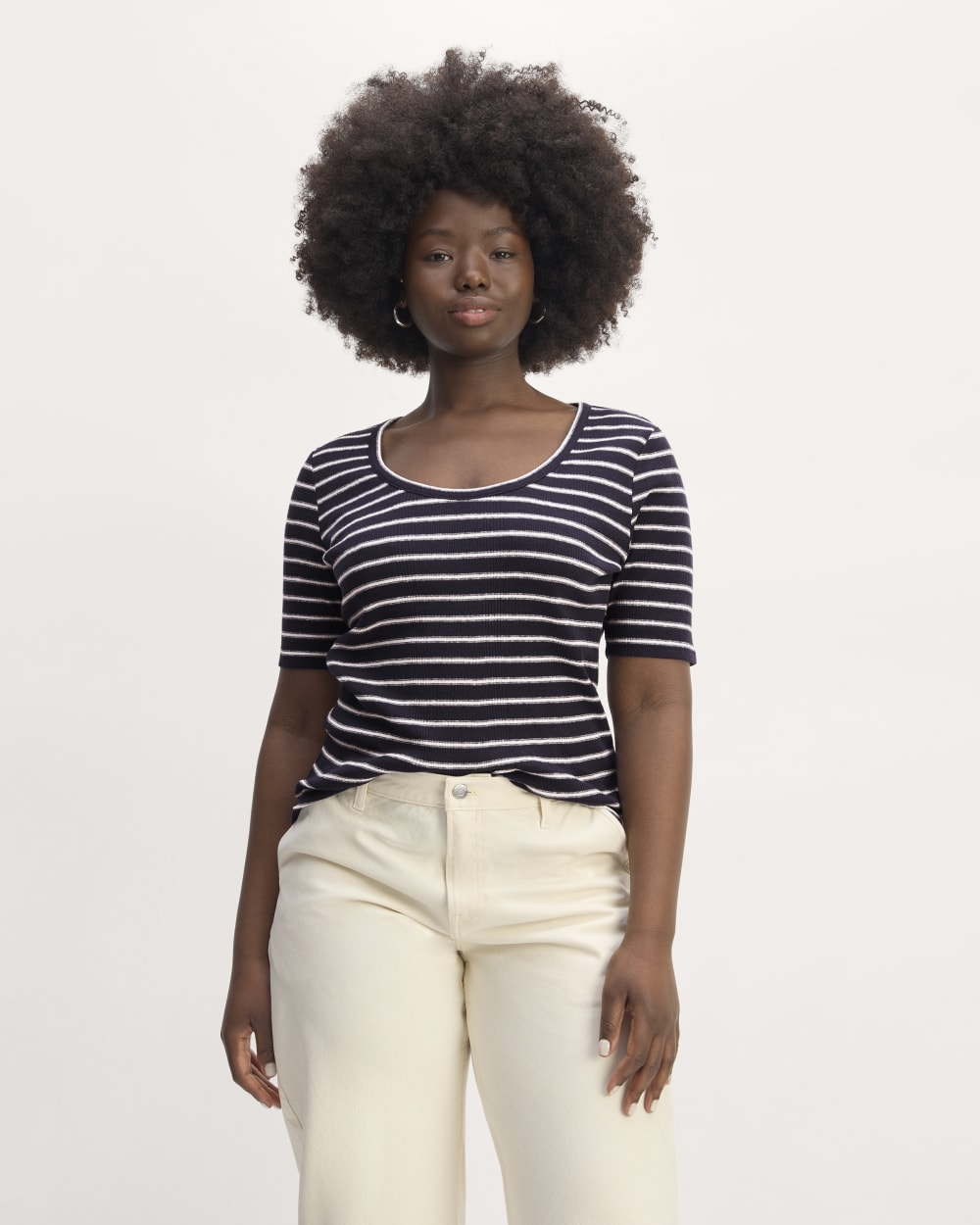 The Vintage Rib Scoop-Neck Top in Navy / Bone — front view