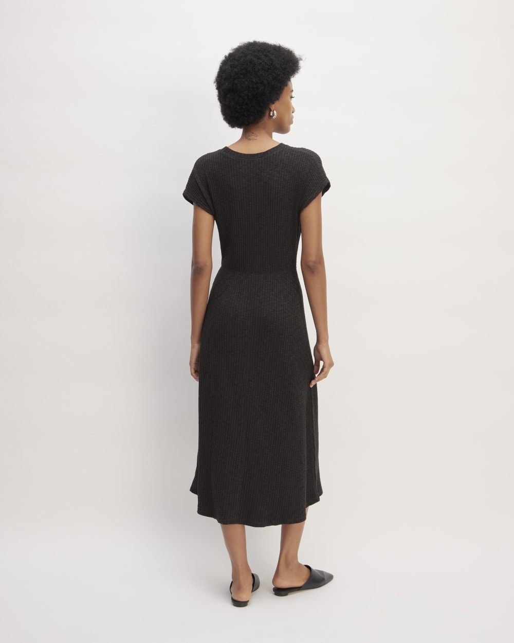 The Rib-Knit Cap-Sleeve Midi Dress in Black — detail view