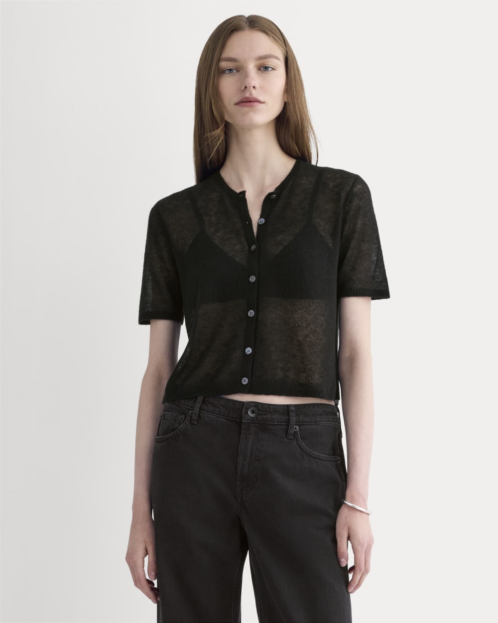 The Air Alpaca™ Short-Sleeve Cardigan in Black — front view
