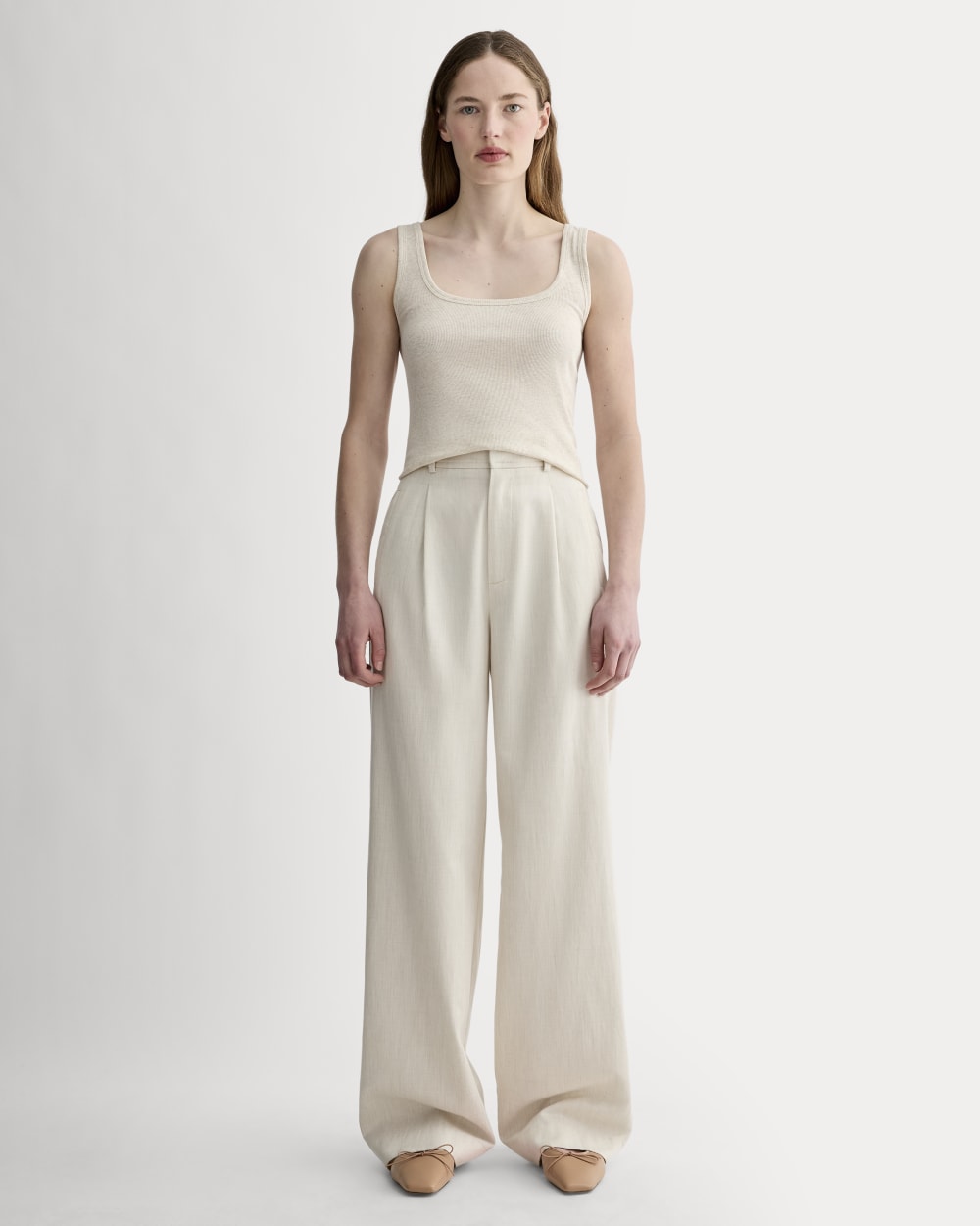 The Luxe Rib Square-Neck Tank in Heathered Oat — detail view