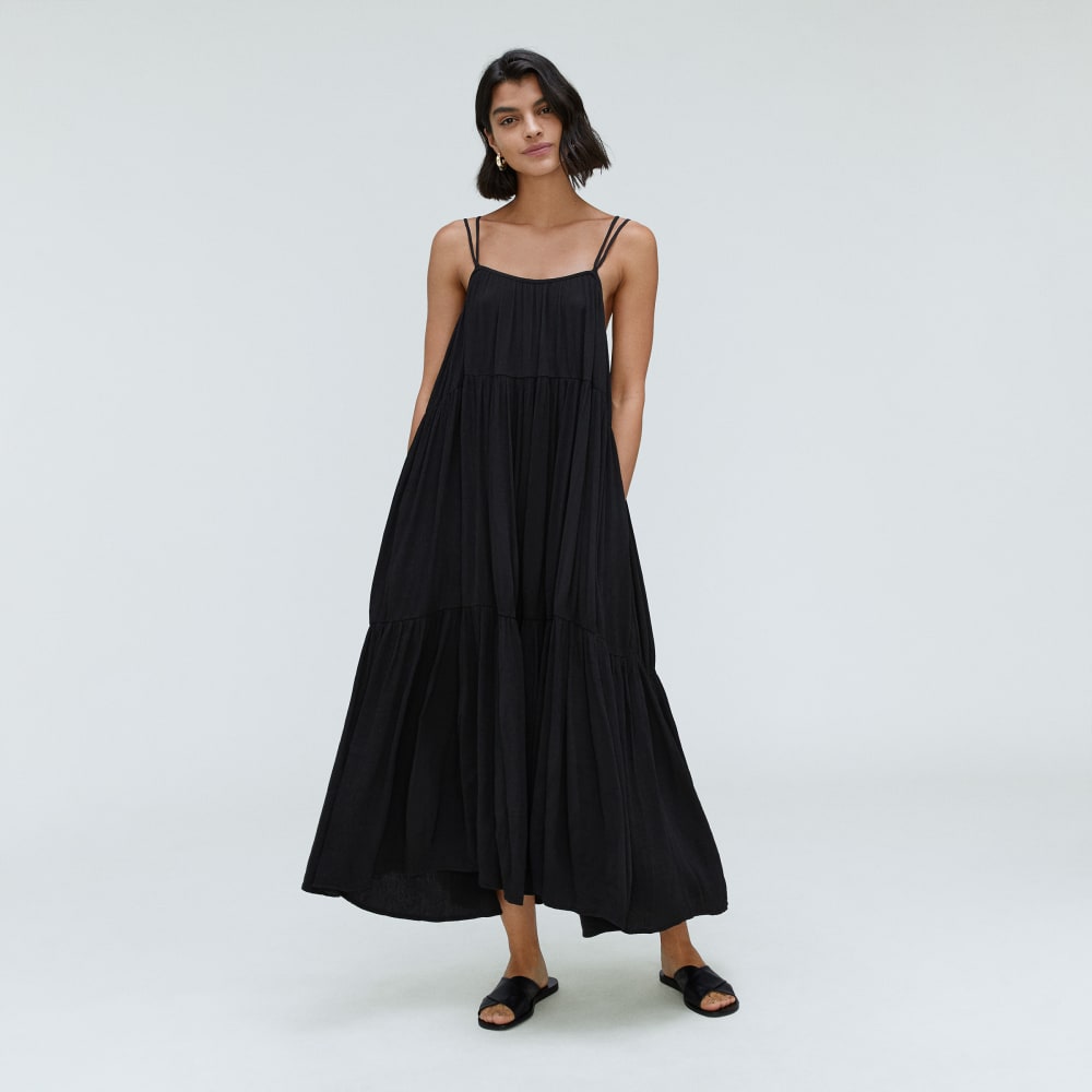The Naia™ Ripple Tiered Maxi Dress in Black — front view