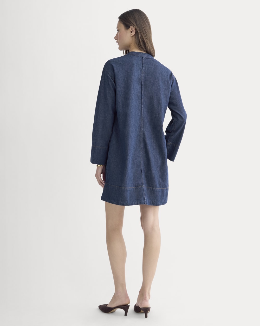 The Denim Popover Dress in Dark Indigo — detail view