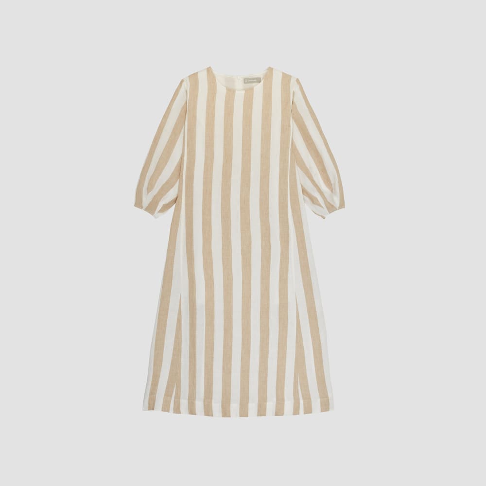 The Linen A-Line Midi Dress in Bone / Caramel — detail view