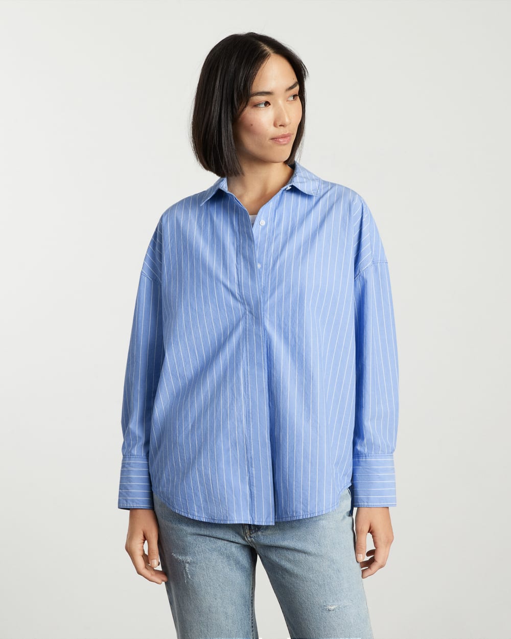 The Oversized Poplin Shirt in Powder Blue / White — detail view