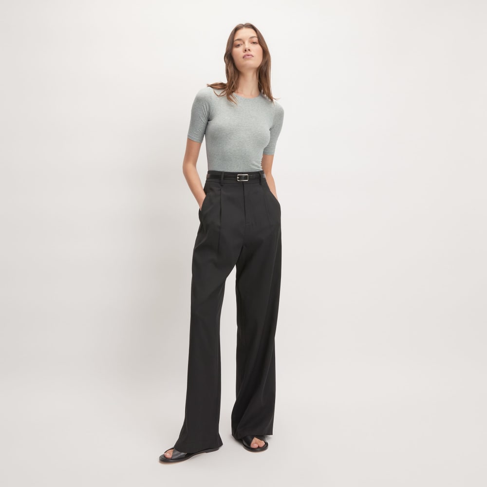 The Short-Sleeve Crew Neck Bodysuit in Heathered Grey — front view