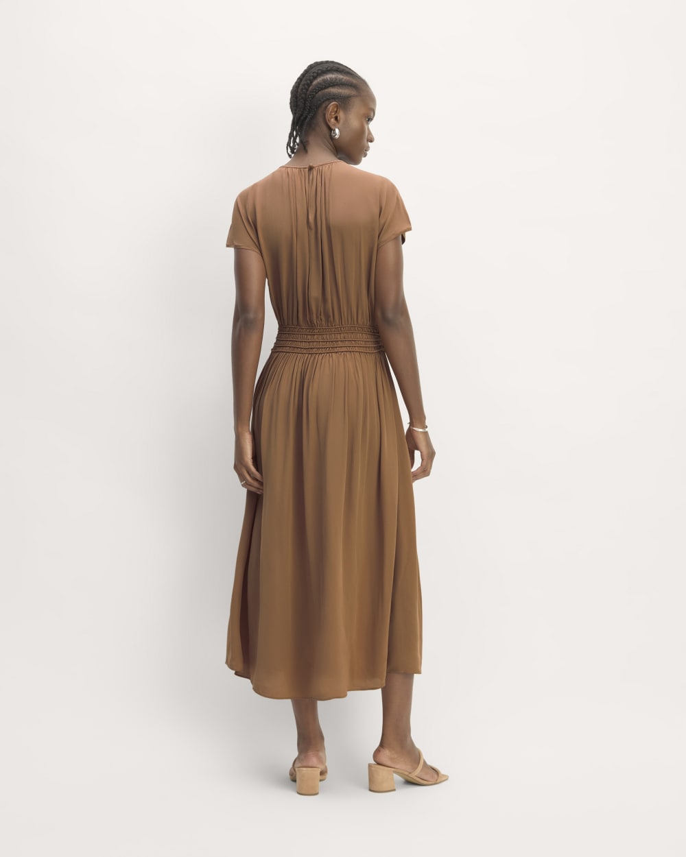The Gathered Midi Dress in Carob Brown — detail view