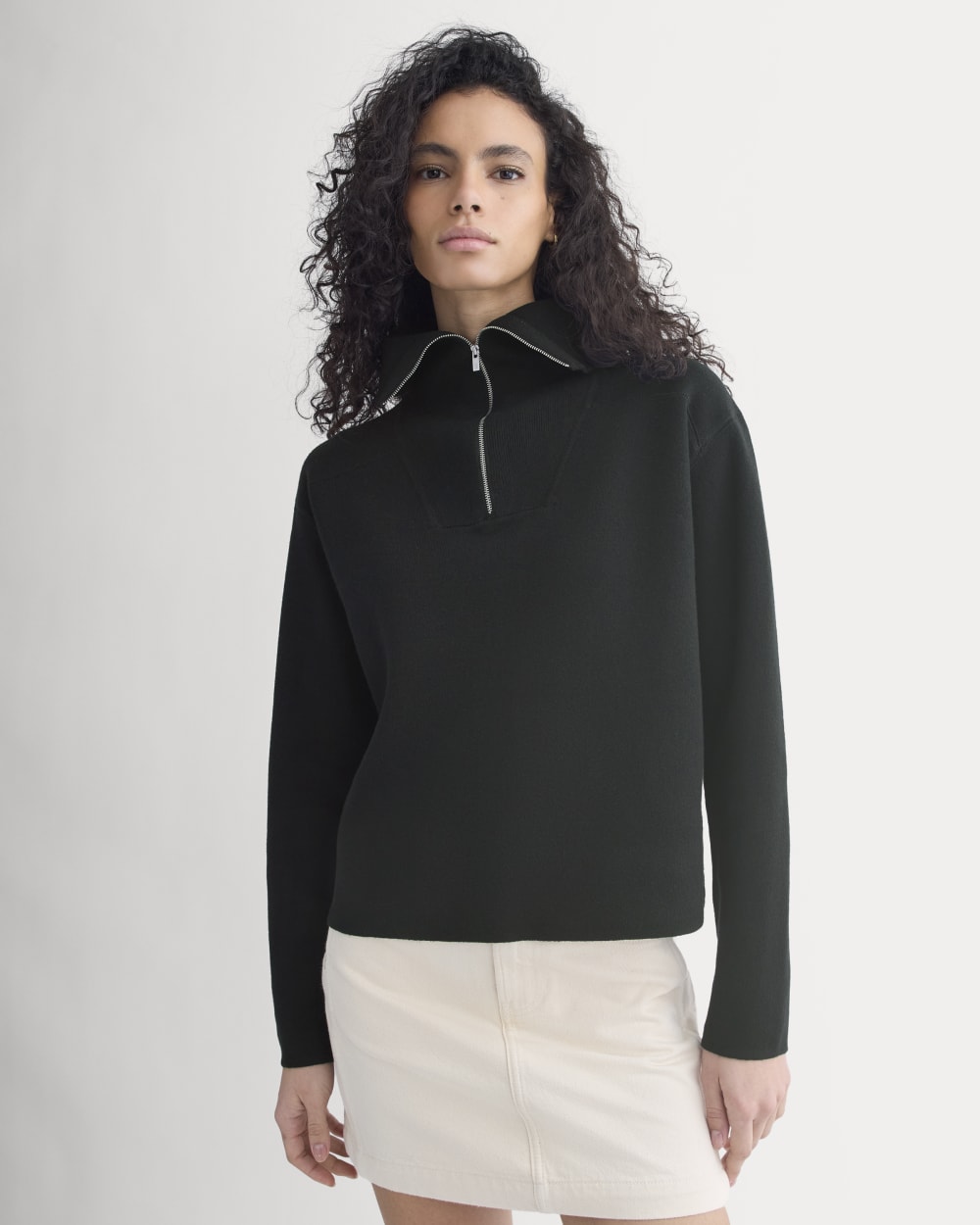 Double Knit Half-Zip in Cotton Merino in Black — detail view