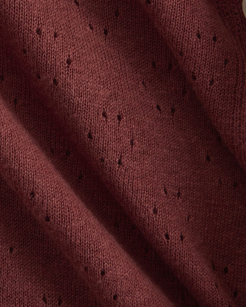 Lace Trim Cardigan in Fine Linen in Henna Red — detail view