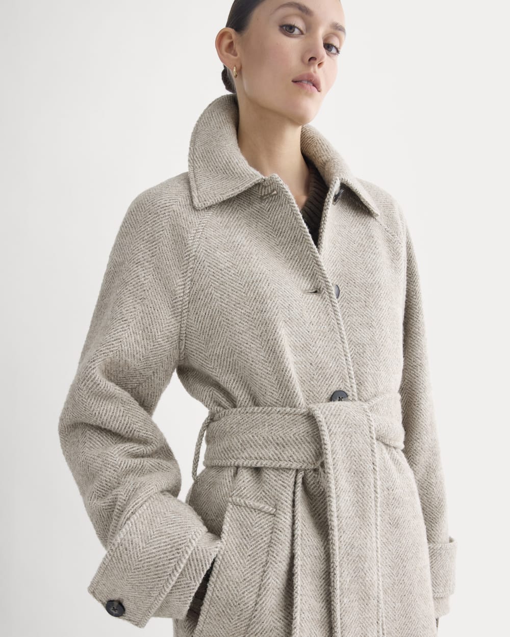 Italian Belted Overcoat in Taupe Herringbone — detail view