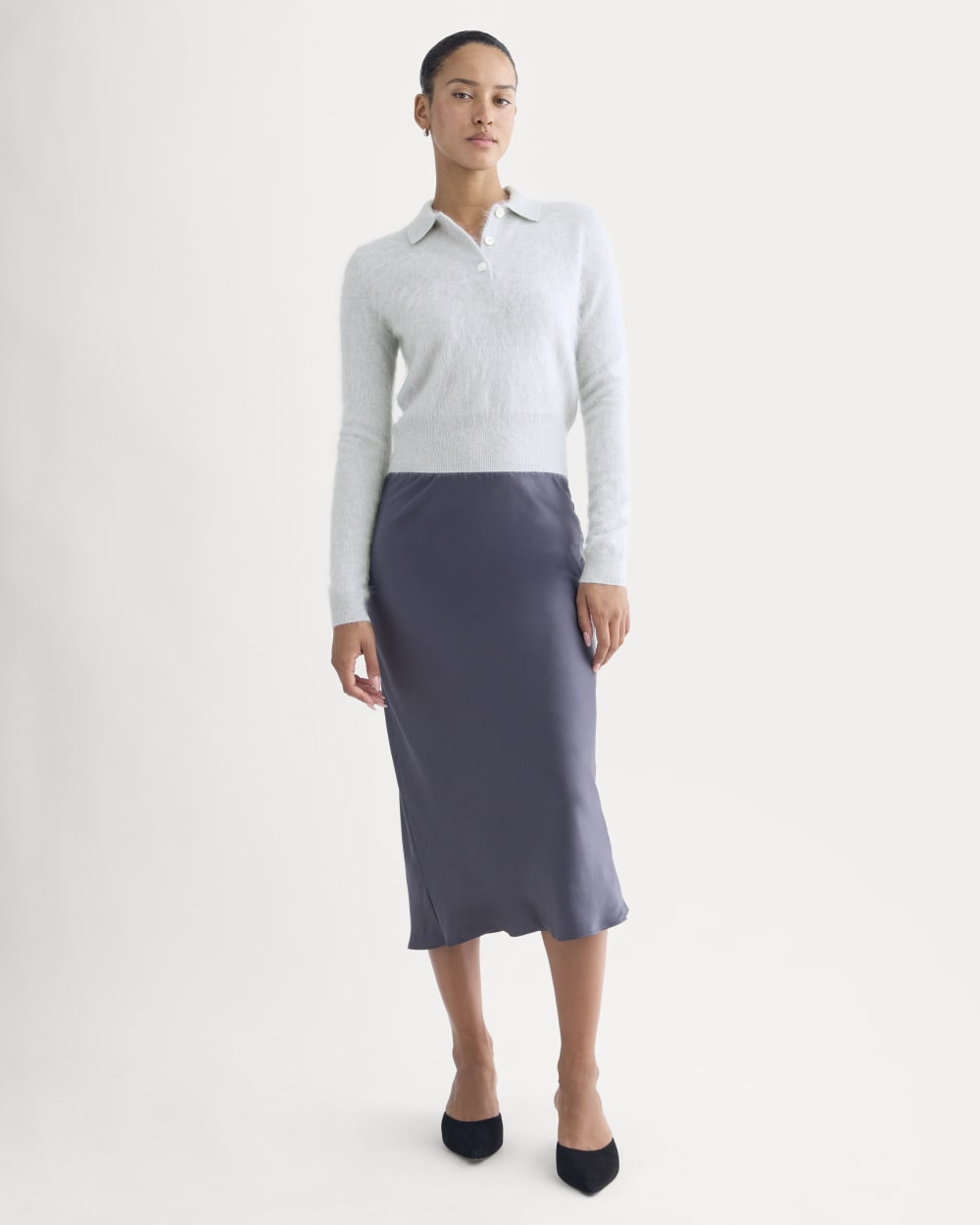 Lush Cashmere Cropped Polo Sweater in Sanderling Gray — detail view