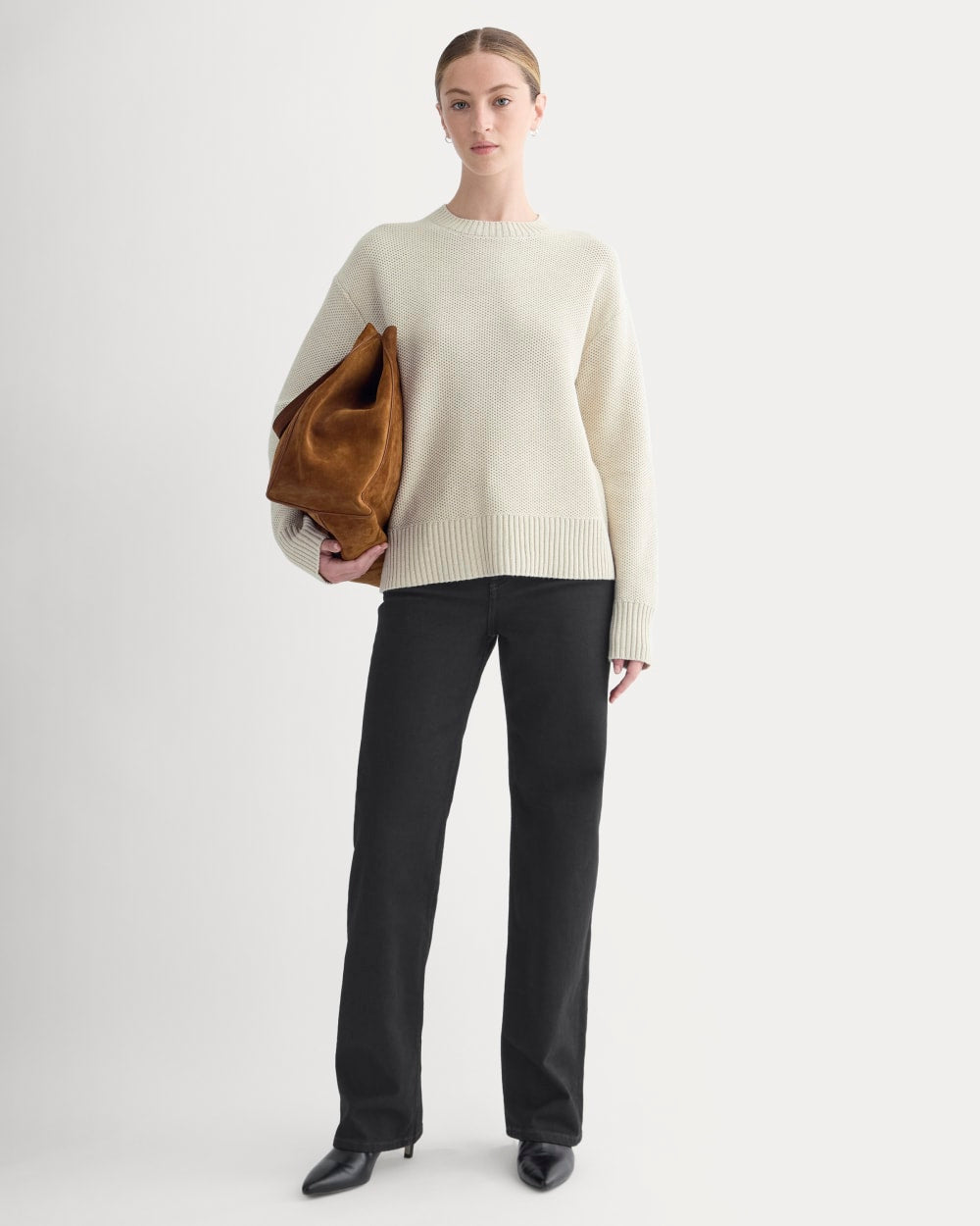 The Cotton Honeycomb Square Crew in Heathered Oat — detail view