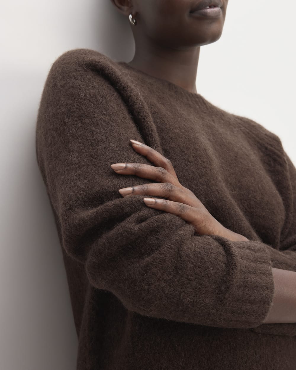 The SuperFuzz Alpaca Crew in Earth Brown — detail view