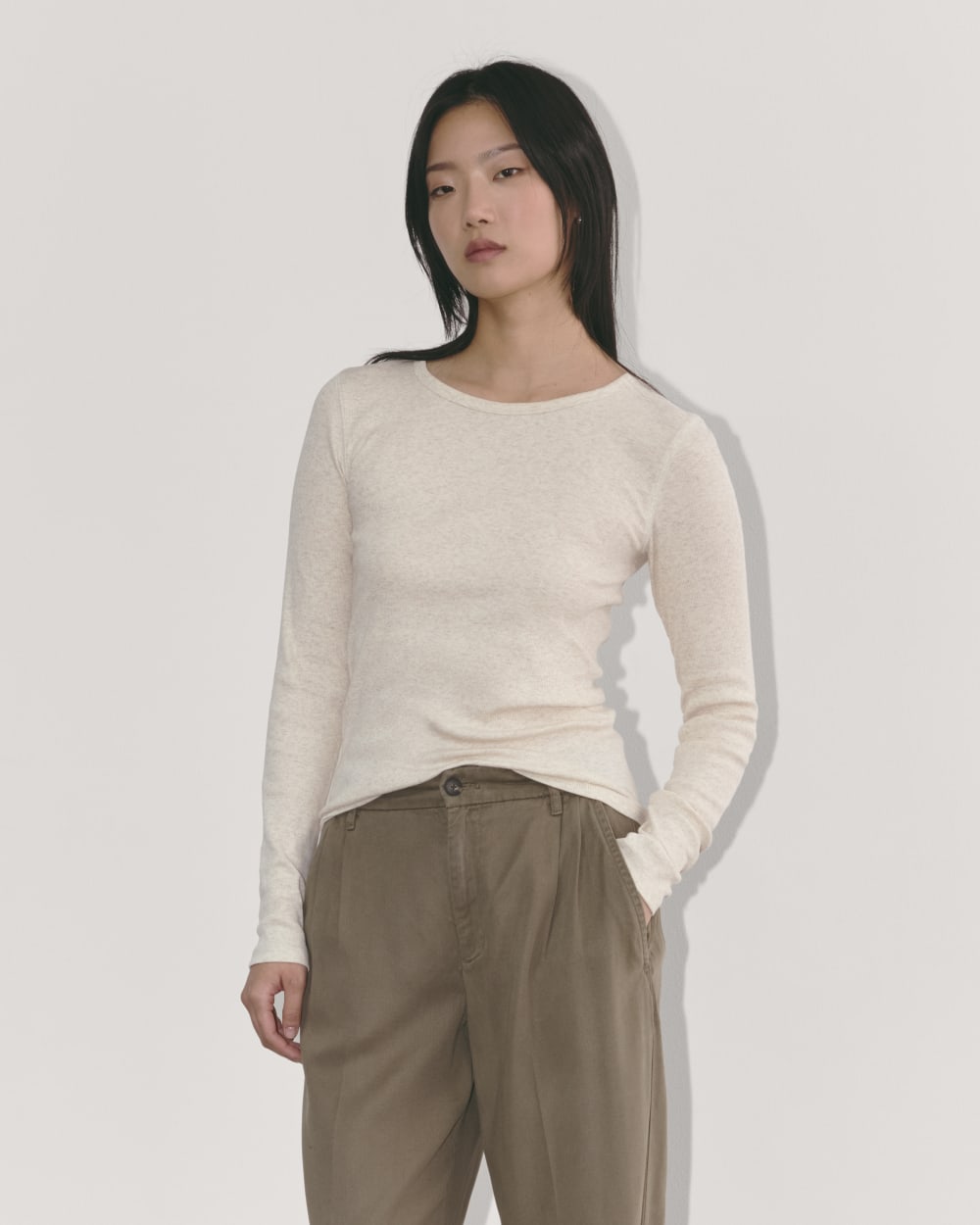 The Luxe Rib Long-Sleeve Crew in Heathered Oat — front view