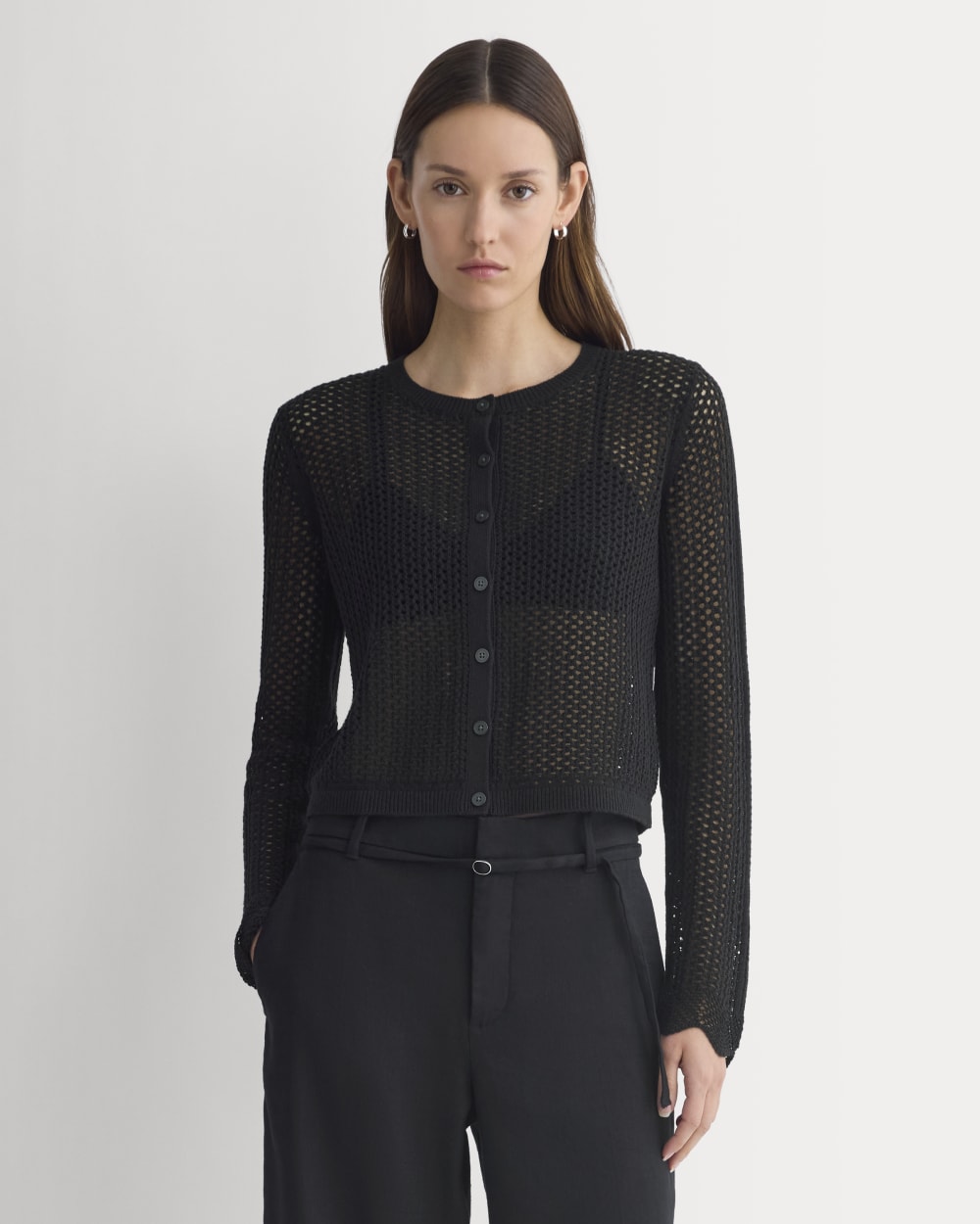 Lace-Knit Cardigan in Black — detail view