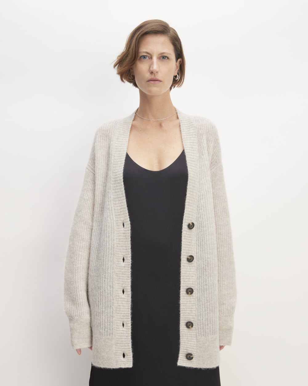 The Alpaca Oversized Cardigan in Almond — front view