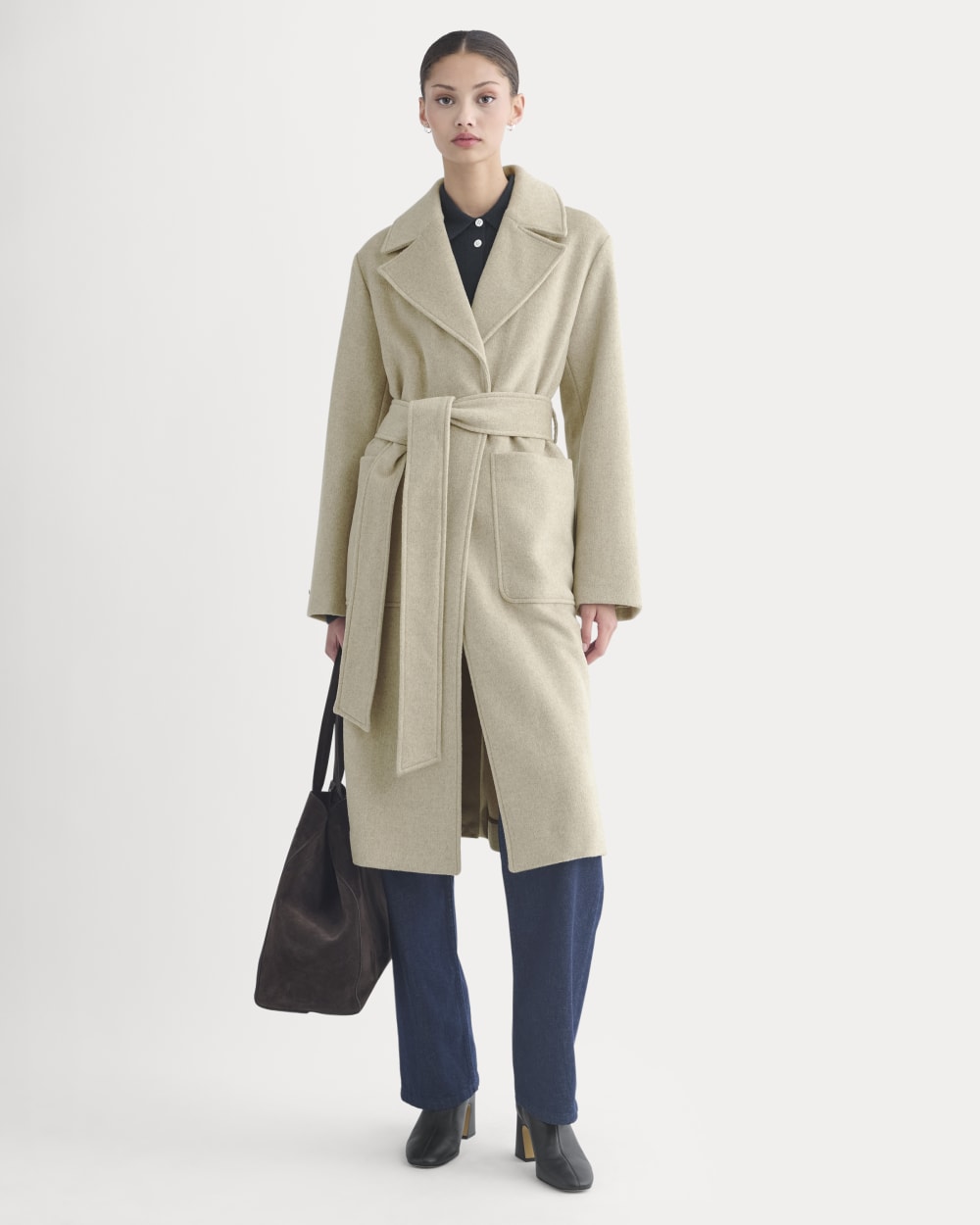 ReWool Belted Blanket Coat in Heather Wheat — front view