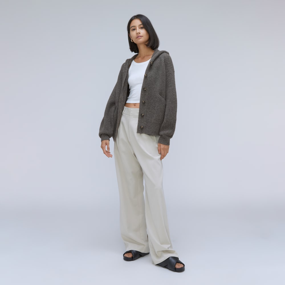 The Cozy-Stretch Hooded Cardigan in Heathered Charcoal — detail view