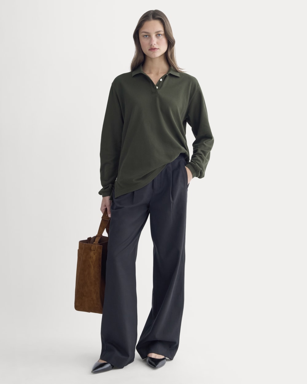 Oversized Pique Polo in Dark Green — detail view