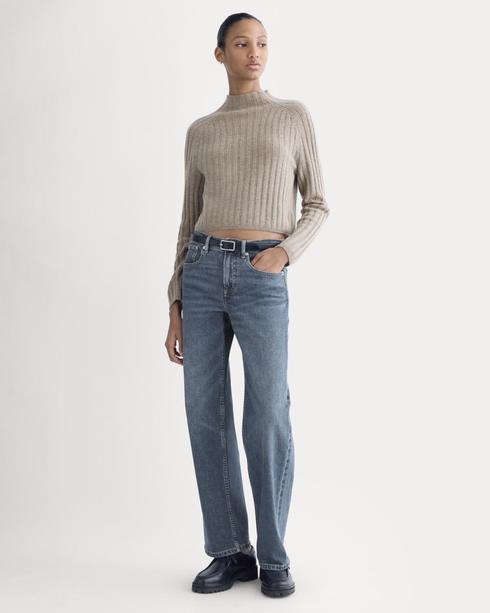 Funnel-Neck Cropped Sweater in Wool Cashmere in Oatmeal — detail view
