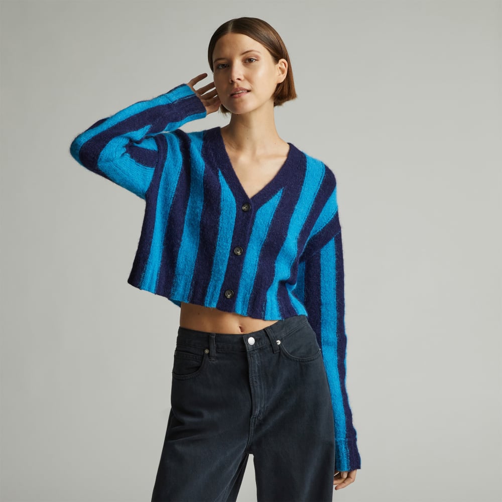 The Alpaca V-Neck Cropped Cardigan in Horizon Blue / Ocean Cavern — detail view