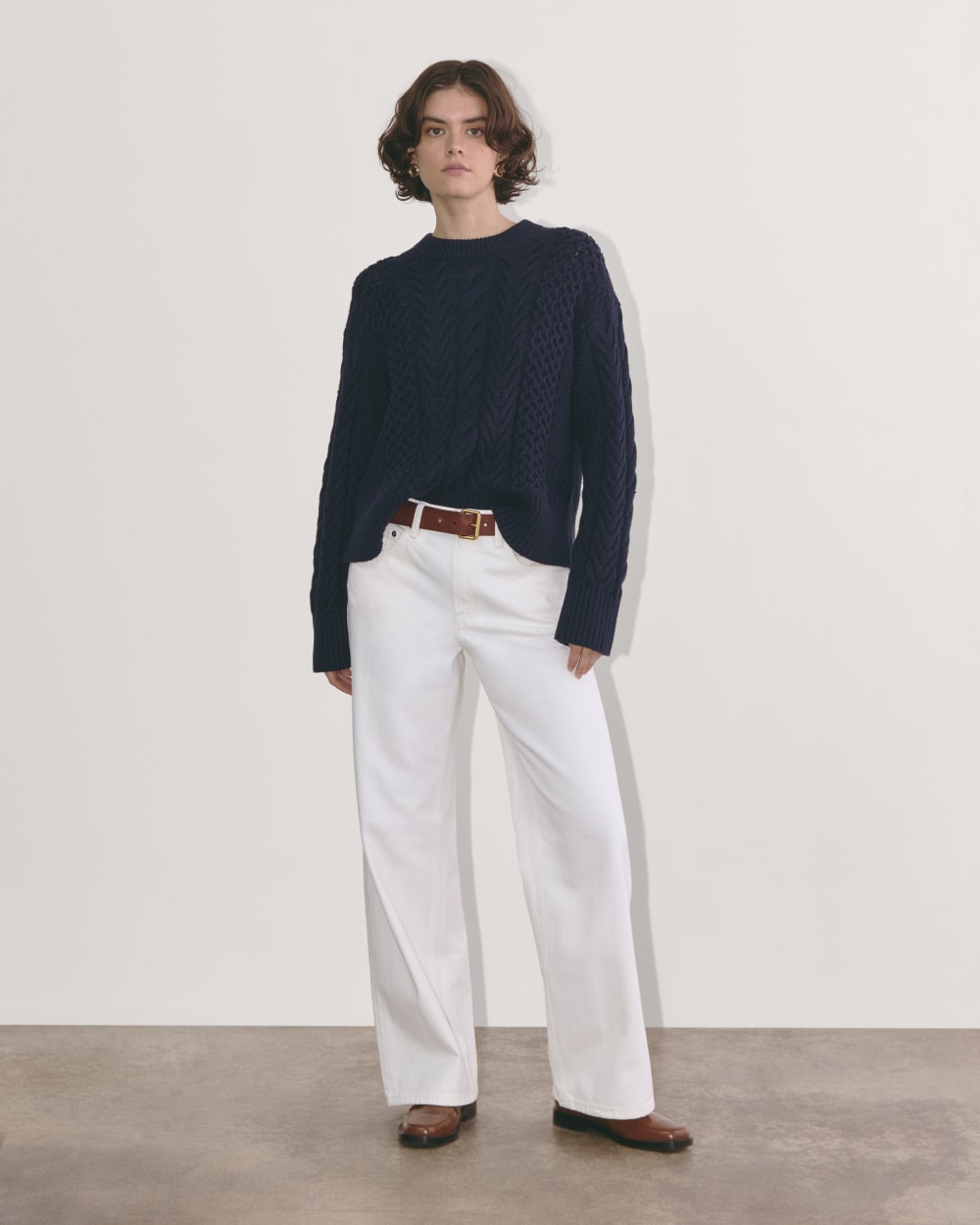 The Cable Sweater in Everyday Cotton in Navy — detail view
