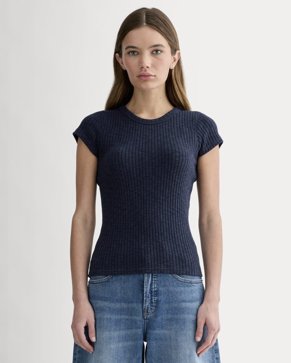 The Cozy Rib Tee in Navy — front view