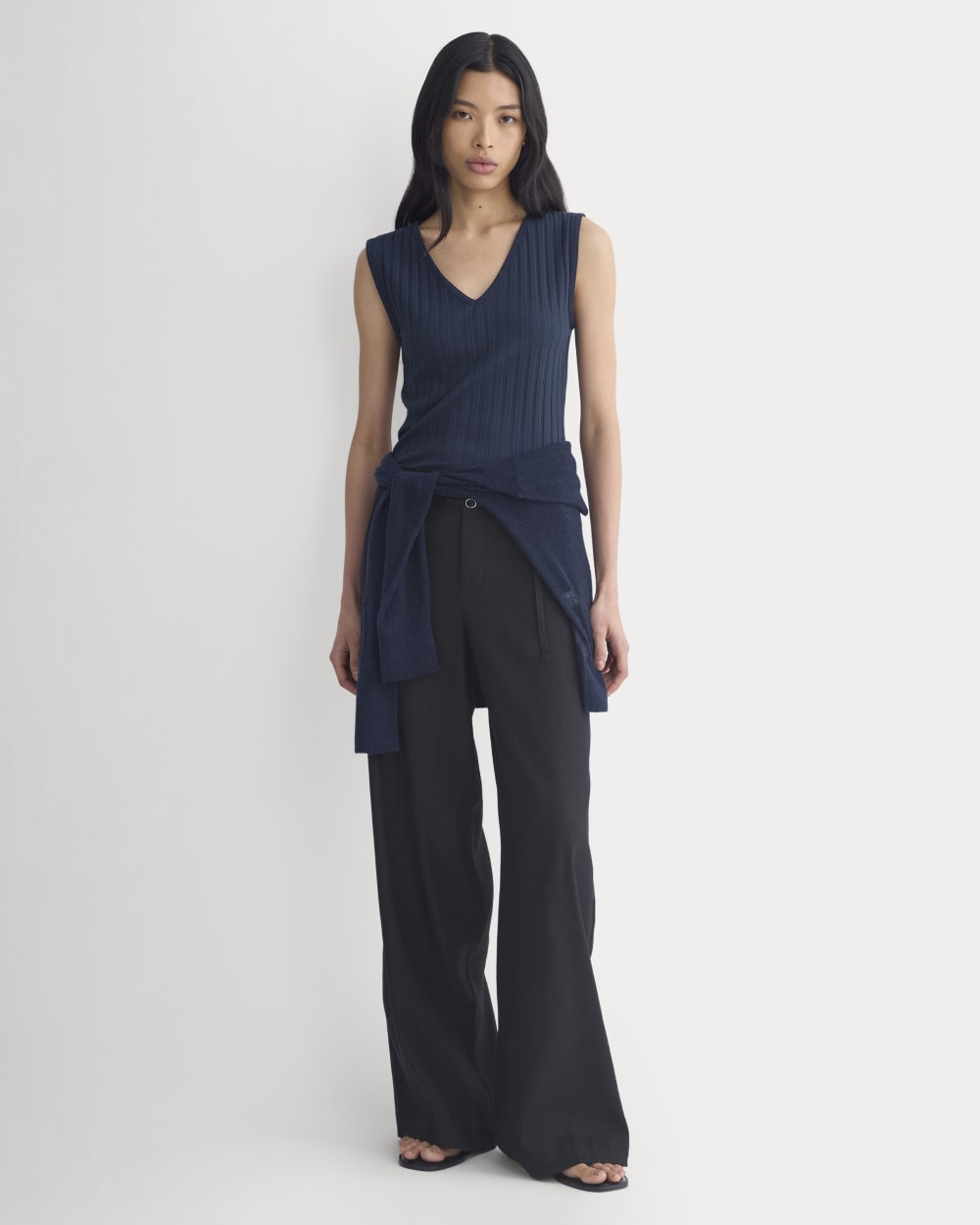 V-Neck Tank in Pointelle in Deep Navy — detail view