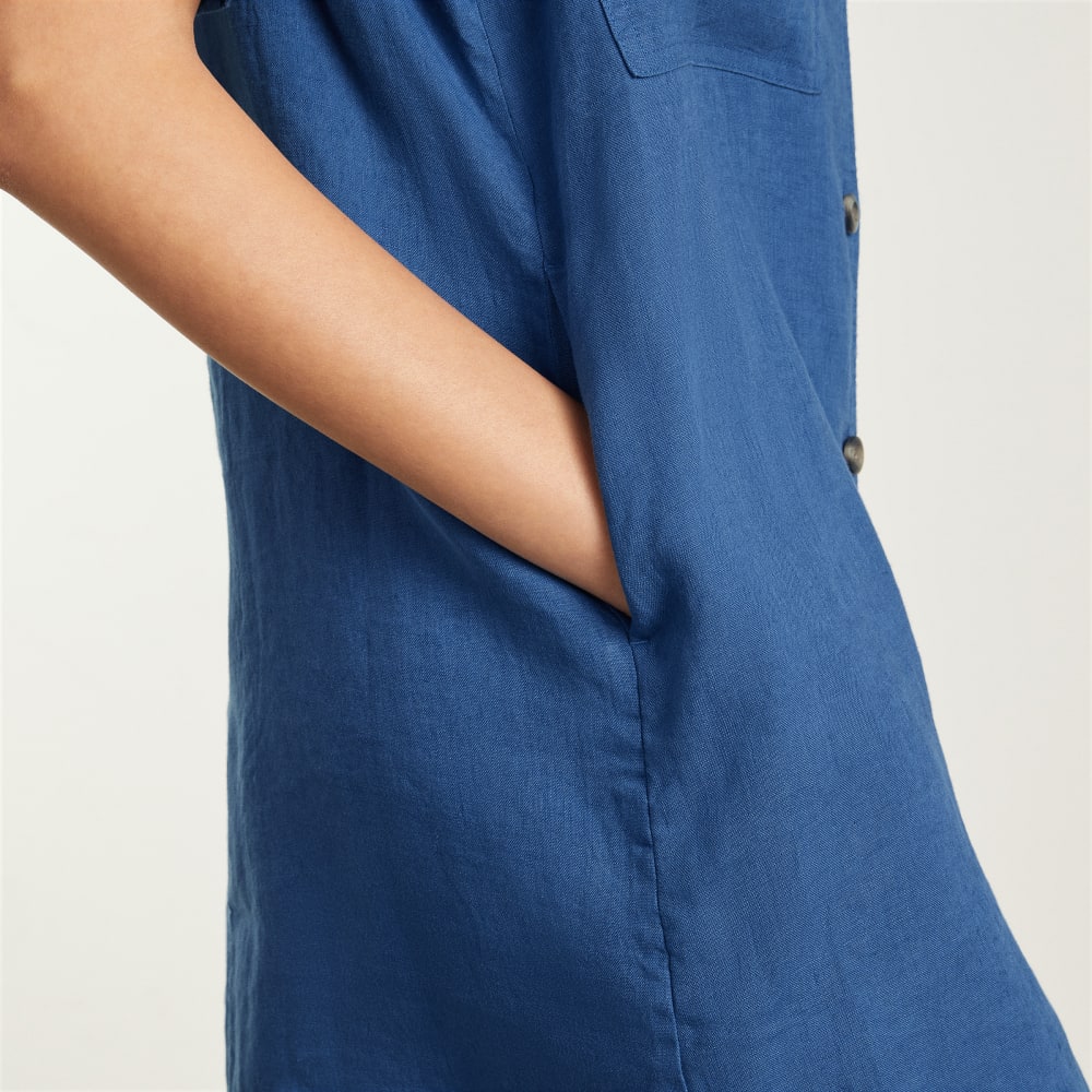 The Linen Workwear Dress in Deep Blue — detail view