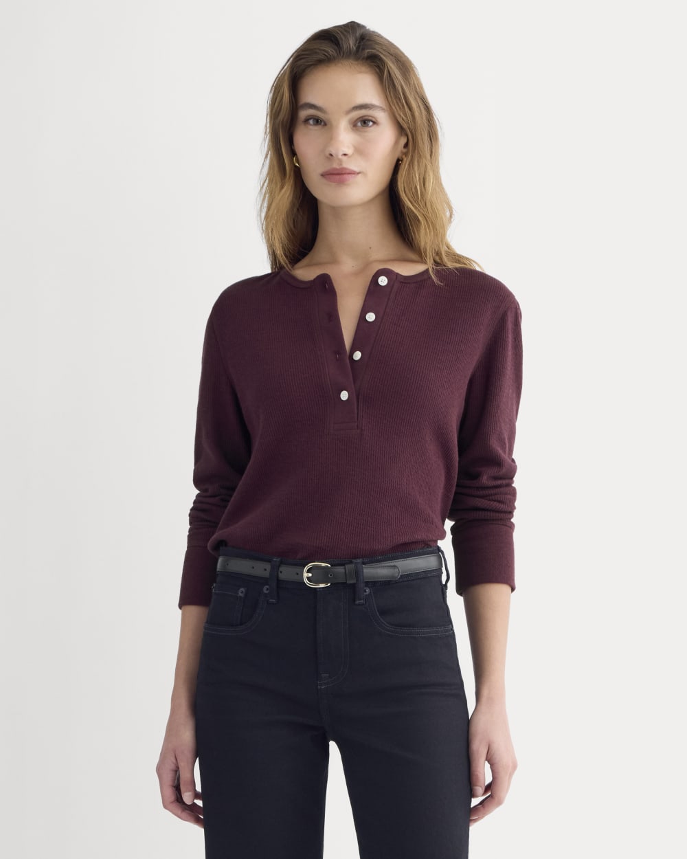 Boxy Henley in Cozy Waffle in Heathered Port Royale — front view