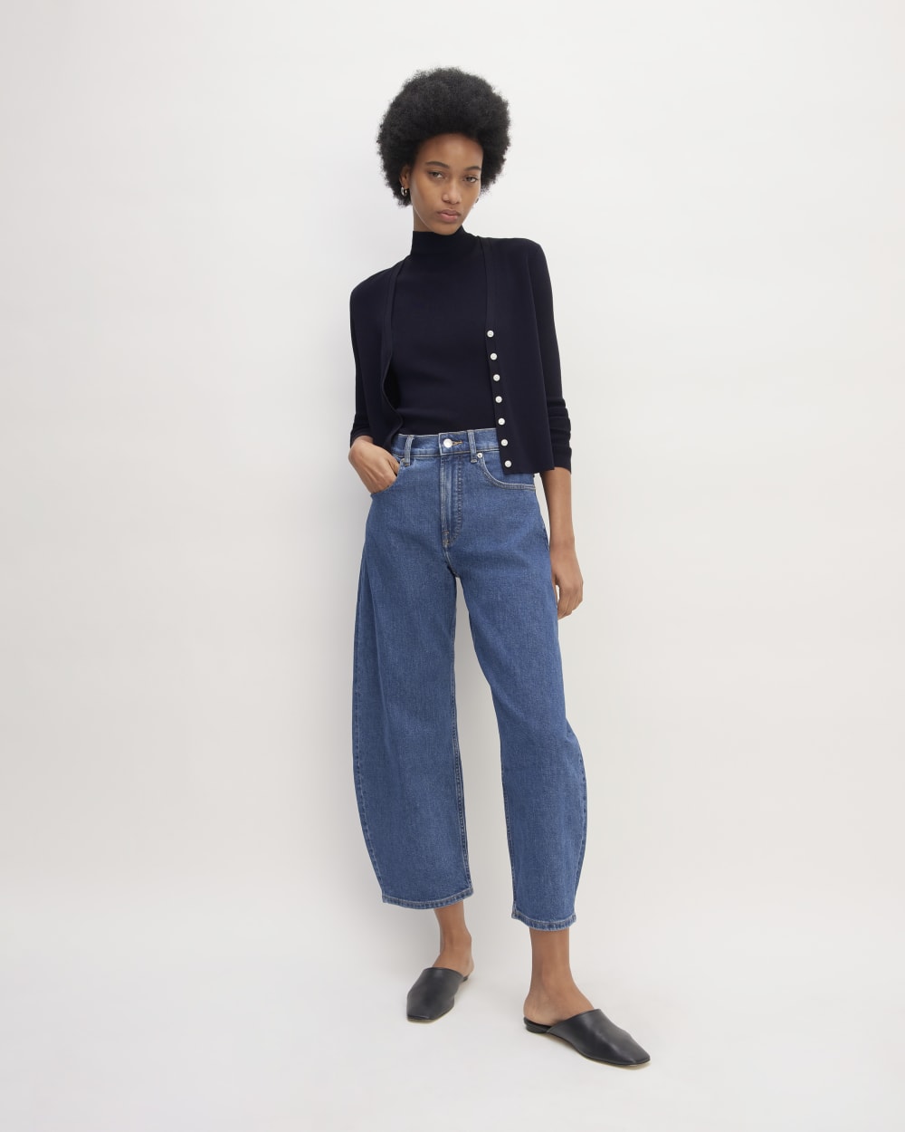 The Viscose Knit Cardigan in Navy — detail view