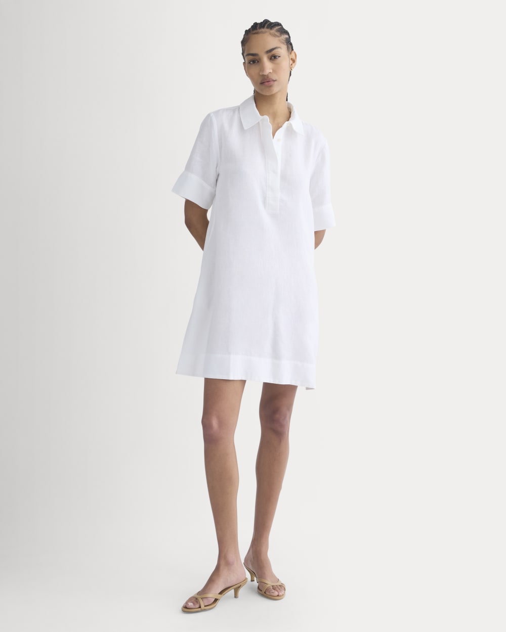 Mini Popover Shirtdress in Linen in White — detail view