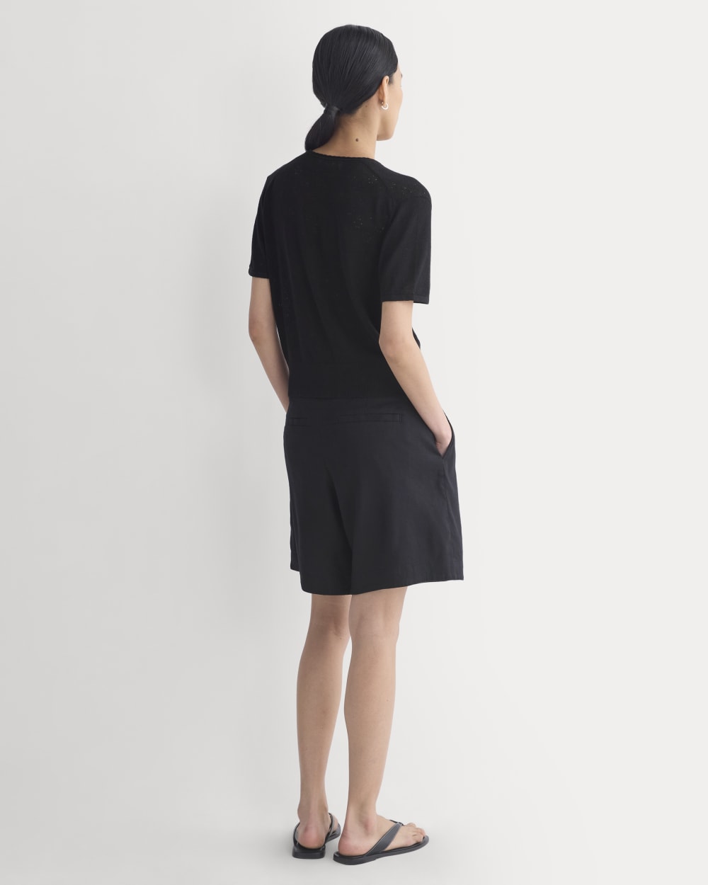 Lace Trim Cardigan in Fine Linen in Black — detail view