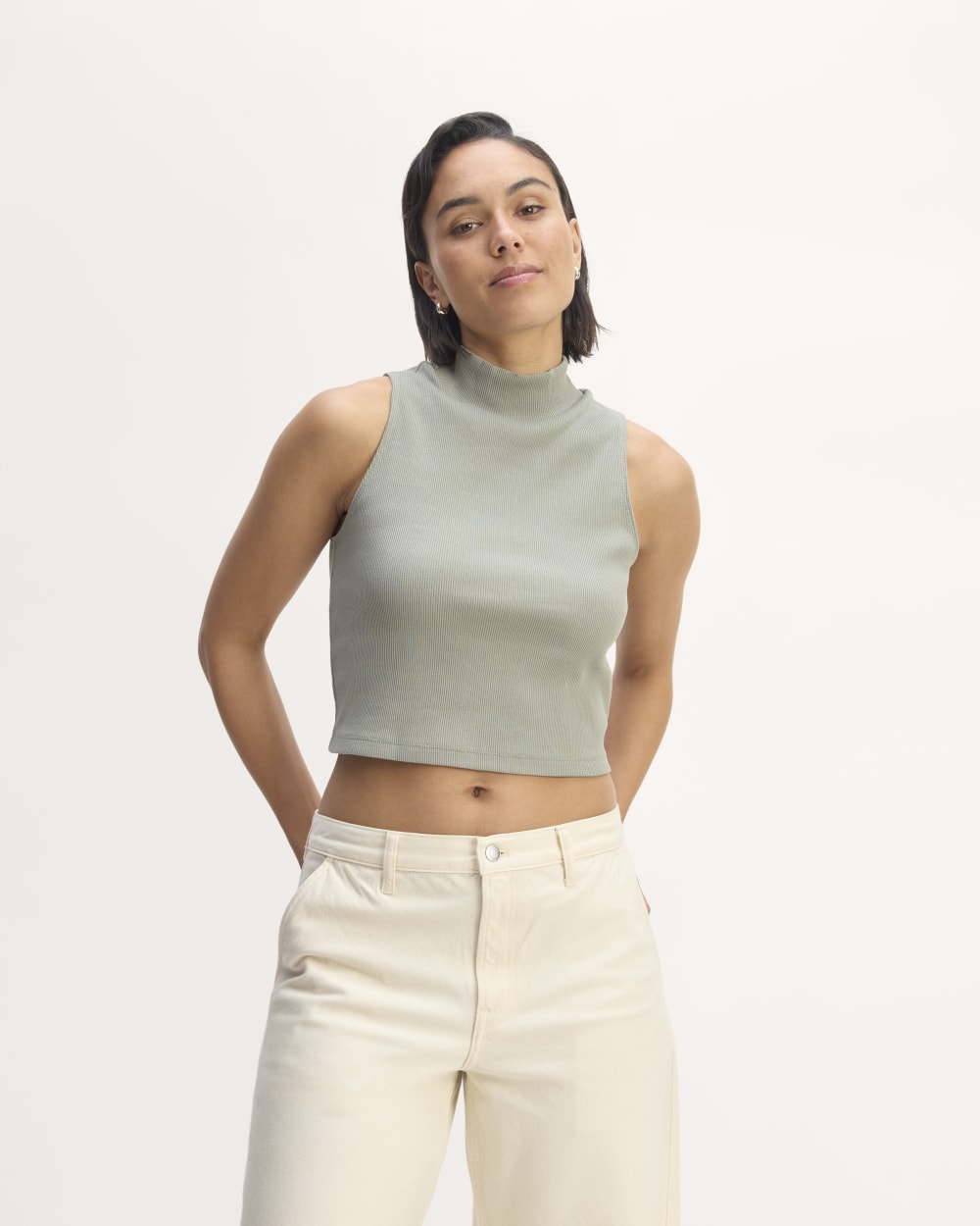 The Ribbed Mockneck Tank in Sage Green — front view