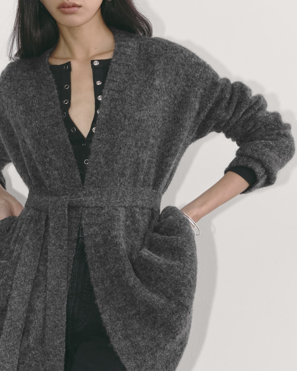 The Robe Cardigan in Alpaca in Dark Charcoal — detail view