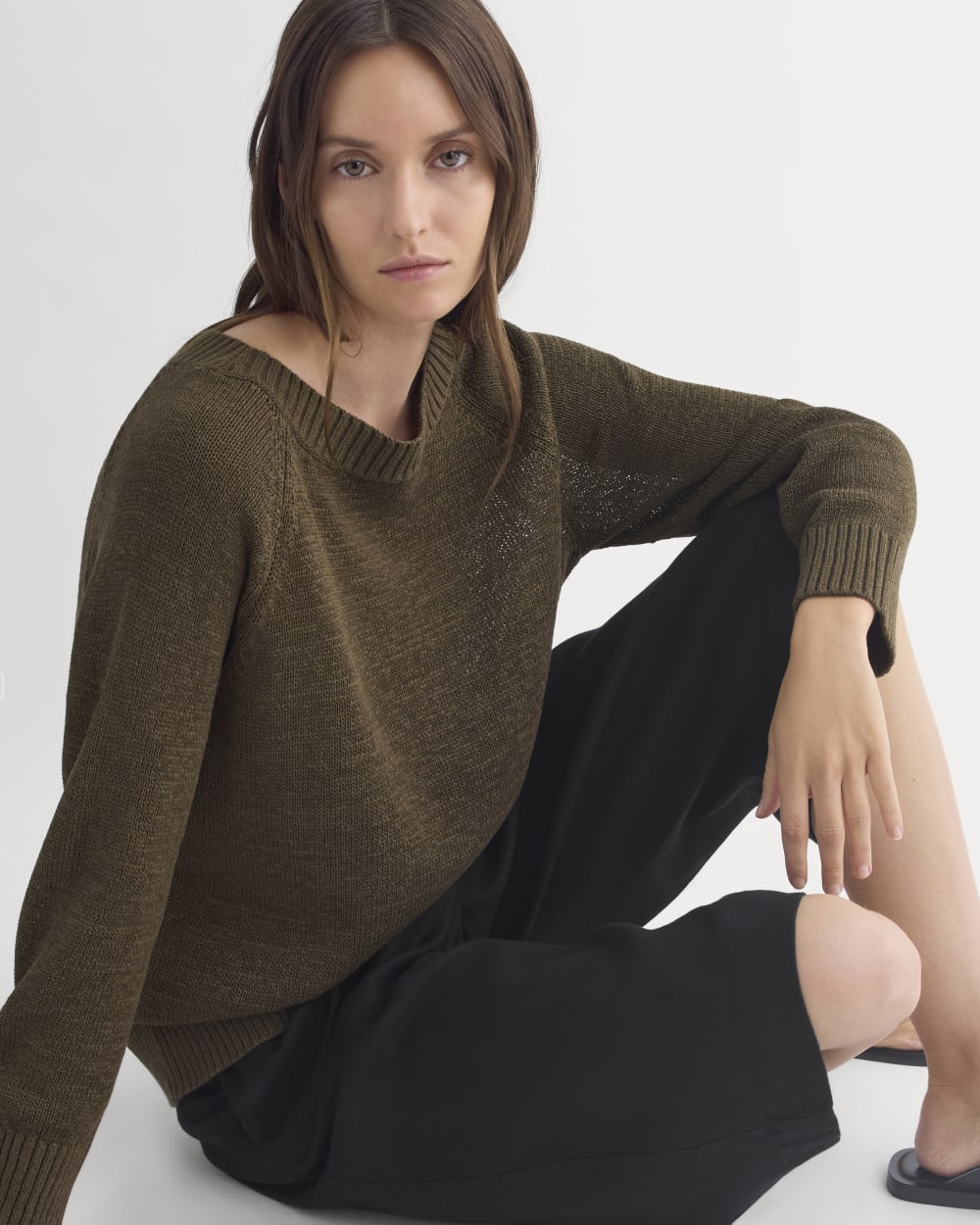 Wide-Neck Crew Sweater in Tape Yarn in Beech — detail view