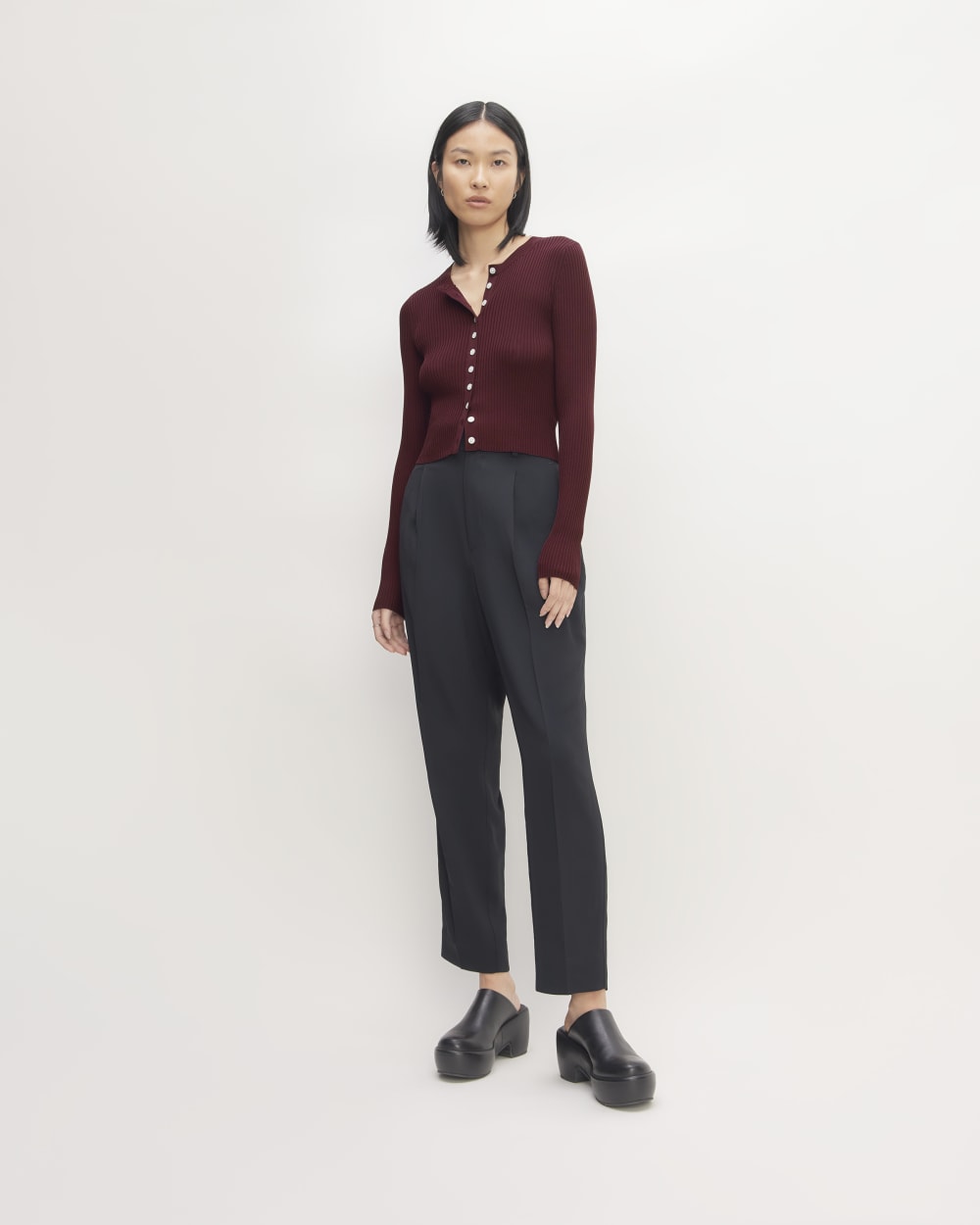 The Ribbed Cropped Cardigan in Burgundy — detail view