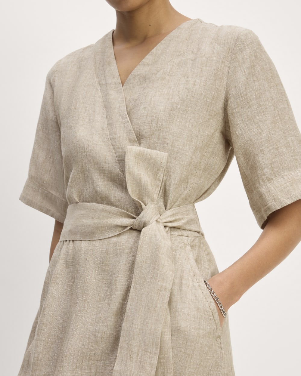 The Wrap Dress in Linen in Cornstalk Chambray — detail view