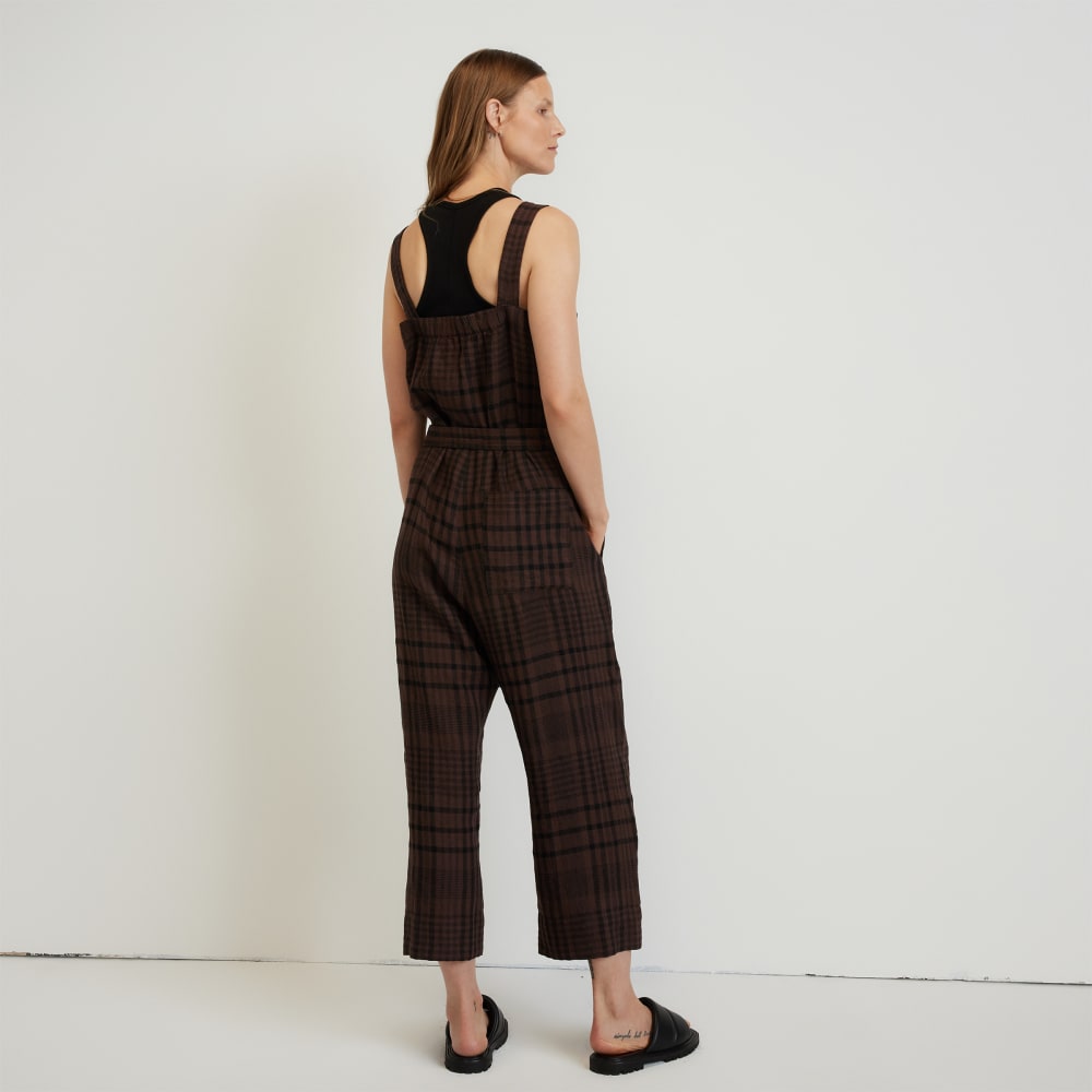 The Linen Jumpsuit in Chocolate Brown / Black — detail view