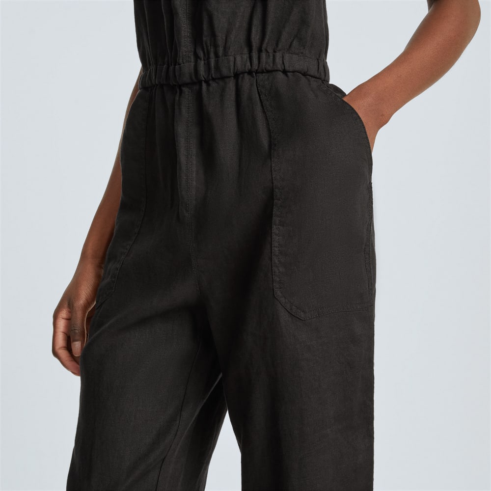 The Linen Shoestring Jumpsuit in Black — detail view