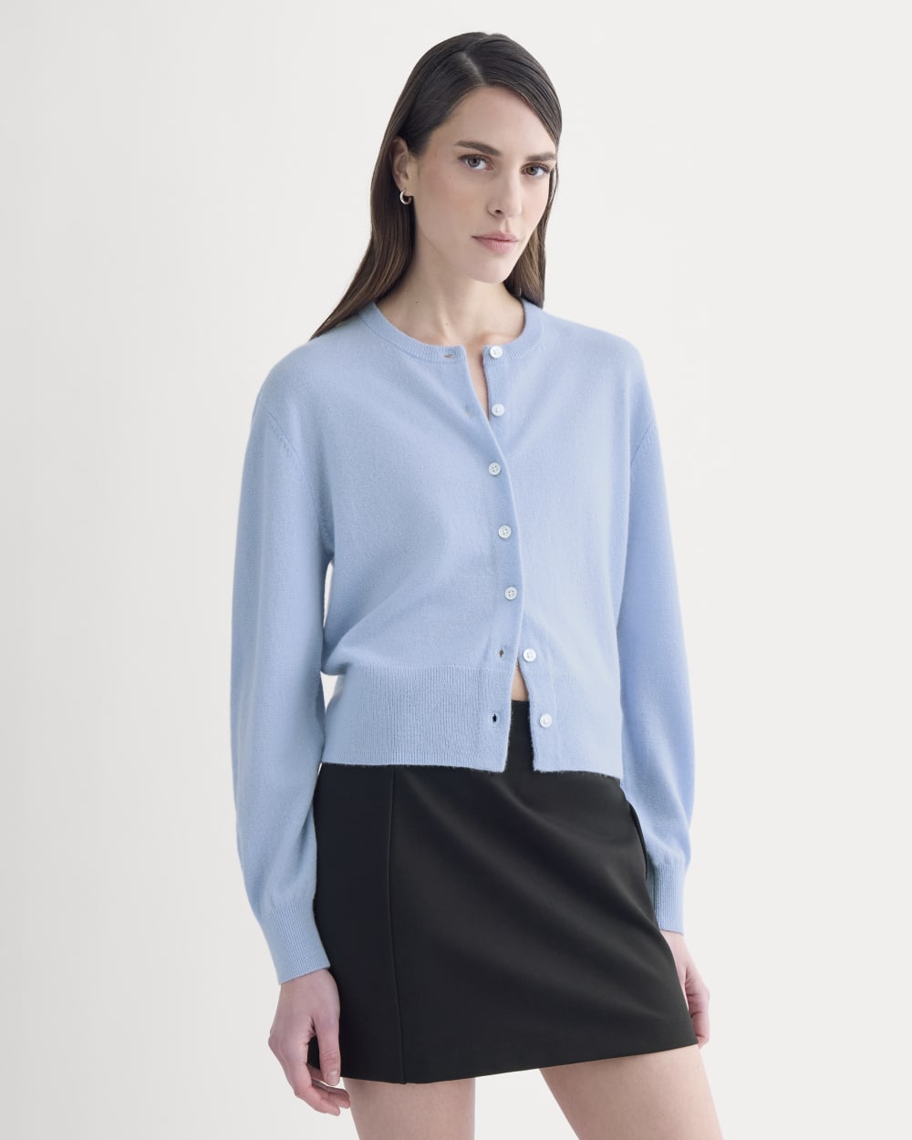 Cashmere Cropped Cardigan in Open Air Blue — front view